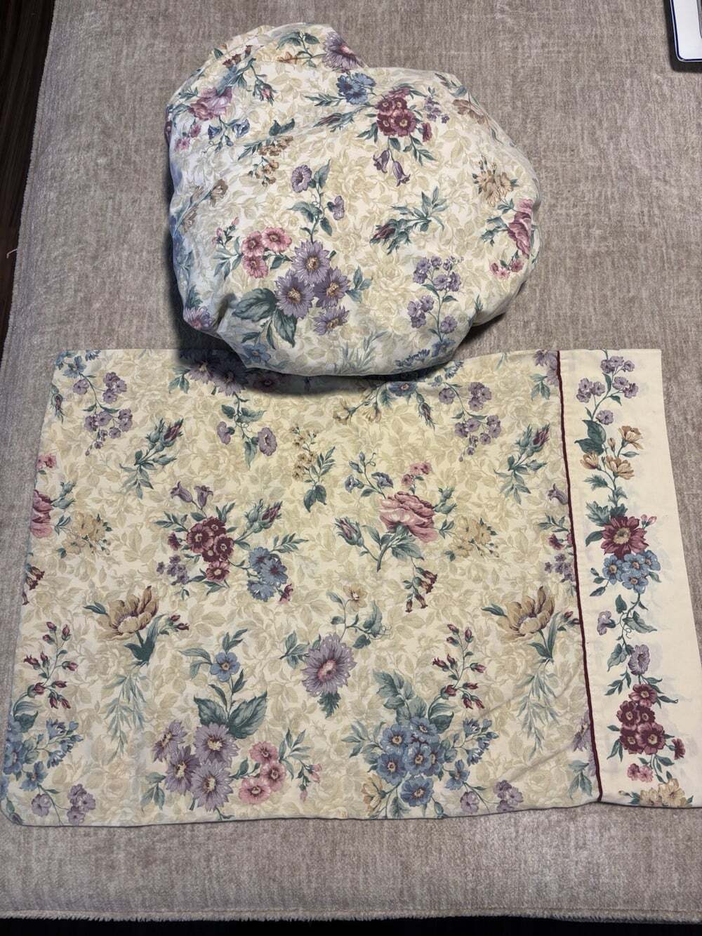 Vintage Dan River Cottagecore Floral Full Fitted Sheet Pillowcase Set Cream Blue
